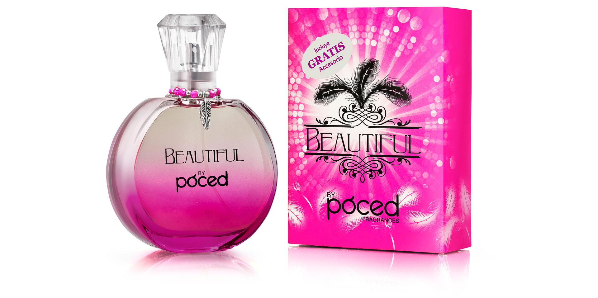 Beautiful by Poced fragrance bottle and pink packaging