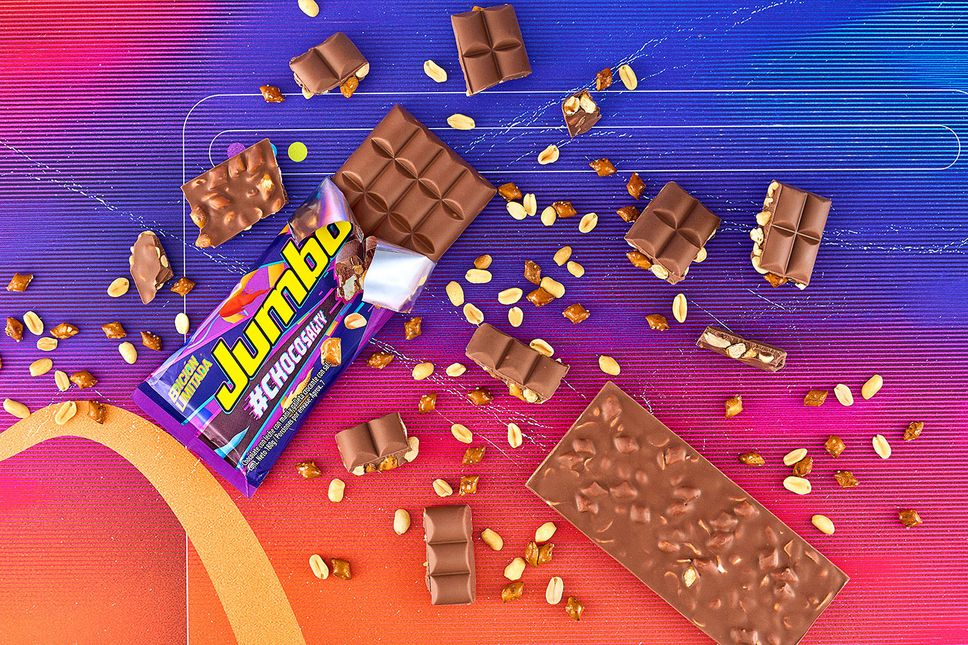 Jumbo Choco Salty bar overhead with peanuts on neon gradient