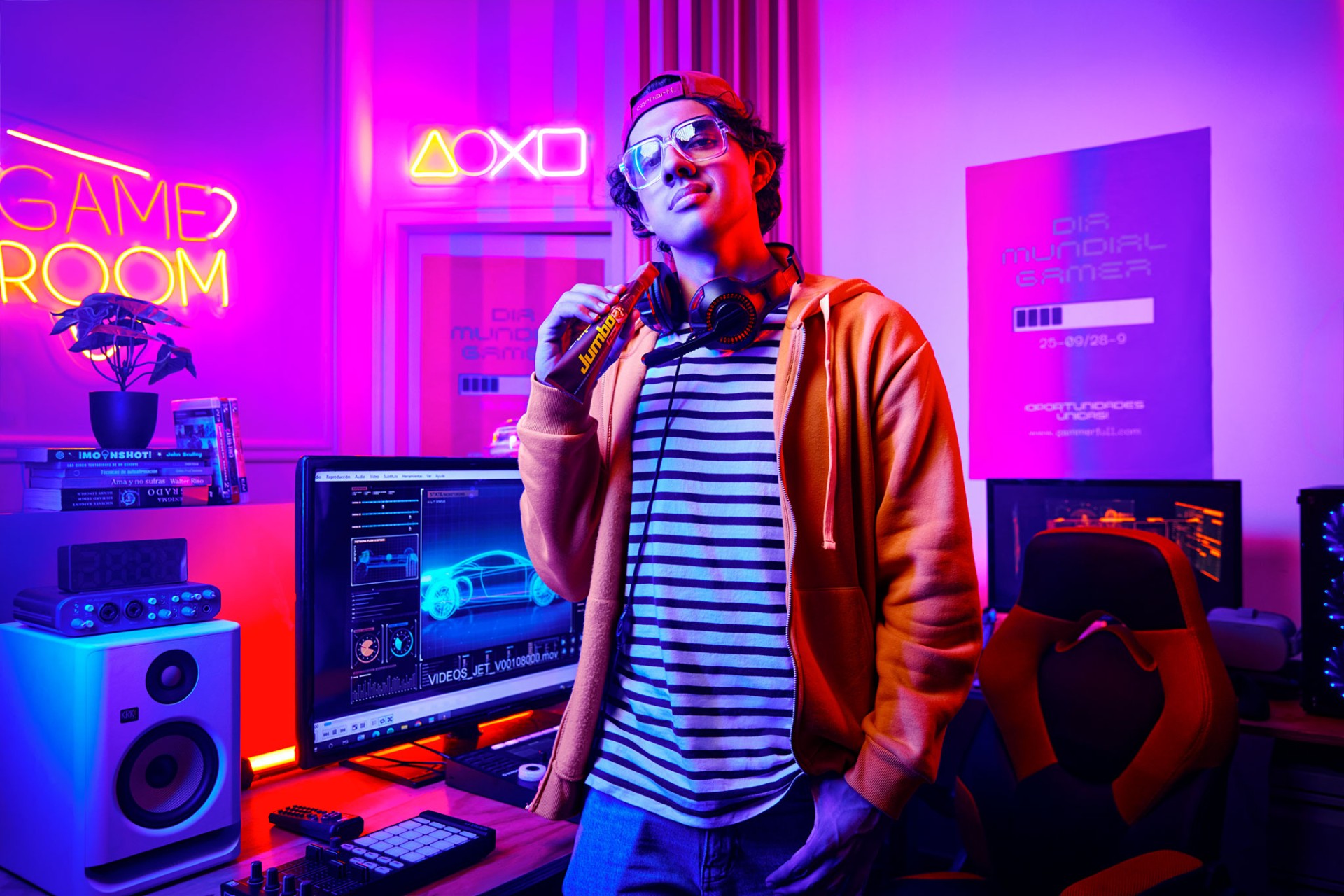 Gamer with Jumbo bar in neon-lit game room