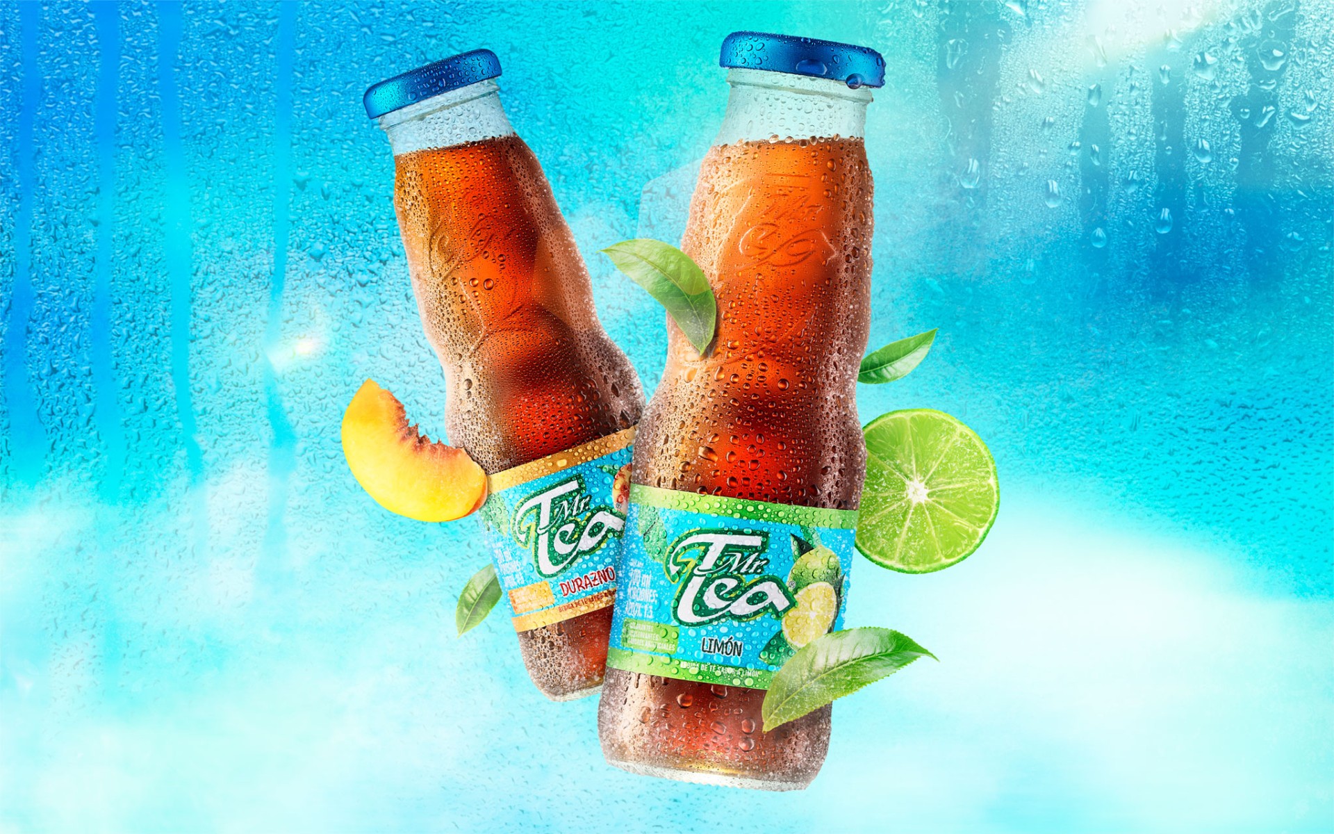 Mr. Tea bottles with peach and lime on refreshing blue backdrop